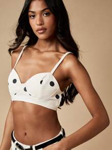 MISSGUIDED 夏季节日牛仔布 Bralette 短款上衣复古高腰波尔卡圆点印花紧身胸衣派对俱乐部音乐会可调节肩带 - 黑與白 - 查看 5