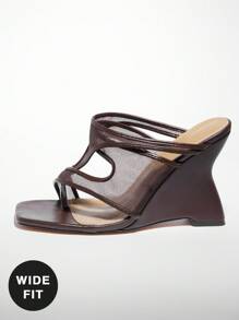 SHUZIA Women Wide-Fit Asymmetrical Strap Decor Wedge Cute Sexy Feminine Party Basic Mesh Coffee High Heeled Sandals - Coffee Brown - View 4