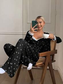 DAZY 3Pcs/Set Bow Print Colorblock Lace Patchwork Camisole Top & Pants & Robe Sleepwear Pajama Set, Spring, Fall Winter Clothes - Black - View 4