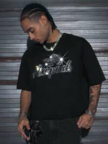 AXEPEAK 男士夏季休闲街头时尚钻石字母西部牛仔图案落肩宽松黑色 T 恤 - 黑色 - 查看 3