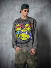TEENAGE MUTANT NINJA TURTLES | SHEIN 男式卡通乌龟图案圆领长袖套头衫 - 灰色 - 查看 4