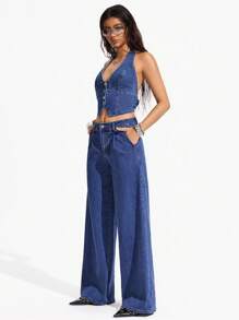 Flexra Conjunto casual de top de halter de unicolor con botones en la espalda y pantalones largos de mezclilla