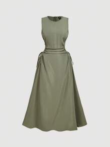 SHEIN MOD Vestido midi elegante sin mangas para mujer de talla grande con cuello redondo y lazo en la cintura en unicolor