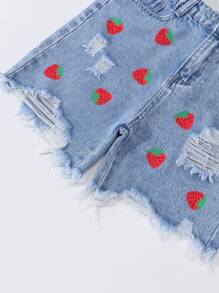 Sparklyn Mädchen (Tween) Denim Shorts in heller Waschung mit Erdbeermuster, bequem, süß, Lässig, Urlaubsstil, geeignet für den Alltag, Campus-Lässig, Rückkehr zur Schule, Reisen und Lässig - Helle Waschung - Übersicht 6