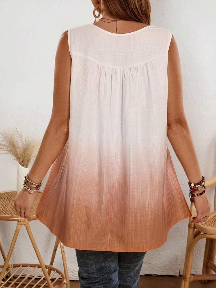 Plus Size Women Ombre Color Block Lace Sleeveless Shirt, Summer Holiday,Vacation Women,Simple And Fashionable For Everyday Wear,Vacay Vibes,Springbreak,Casual Wear SS,Bohemia