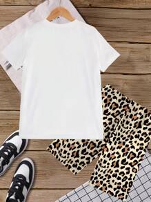 2 件套青少年女孩休闲舒适豹纹蝴蝶结图案短袖宽松圆领 T 恤和短裤套装，适合夏季 - 白色 - 查看 2