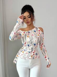 Selianne 全新花卉印花斜领长袖不对称下摆腰部设计度假休闲优雅女士 T 恤 - 彩色 - 查看 5