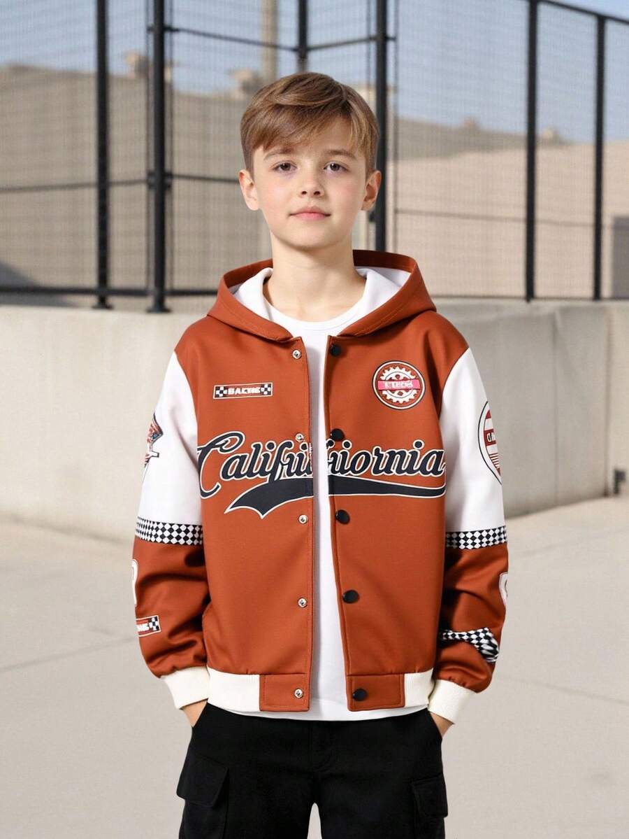 SHEIN 1 件 Tween Boy 字母印花羊毛连帽夹克，秋冬，男童赛车夹克，男童连帽夹克，男童图案夹克，返校 - 棕色 - 查看 1