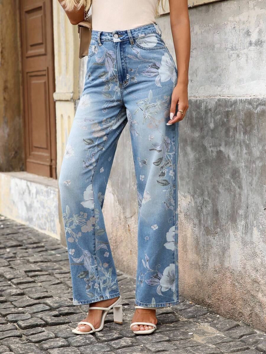 EMERY ROSE Jeans droits à coupe décontractée avec imprimé floral et poche pour femmes