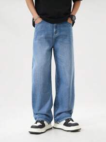 SHEIN Jeans casual e versatili per ragazzi adolescenti, capo di moda semplice e comodo, pantaloni in denim con gamba ampia e vestibilità comoda, lavaggio dell'acqua, effetto slavato e strappato, colore nero