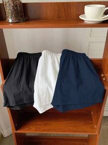 Comfortcana 3pcs/Set Plus Size Summer Casual Solid Color Shorts - Navy Blue - View 6