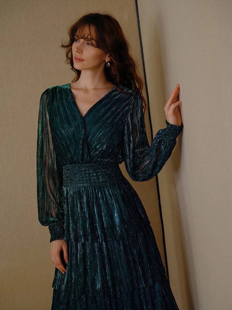 GLITTER SOLID SURPLICE NECK LANTERN SLEEVE SHIRRED WAIST TIERED HEM DRESS