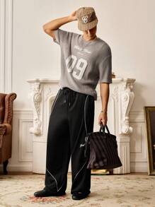 Manfinity VCAY Men's Summer Casual Letter & Number Pattern Hollow Knitted Short Sleeve Top - Khaki - View 5