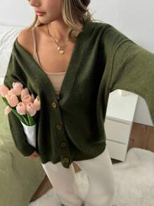 EURMUSE 经典V领罗纹下摆针织开衫，配木质纽扣，采用柔软的驼色纱线 - 米色 - 查看 6