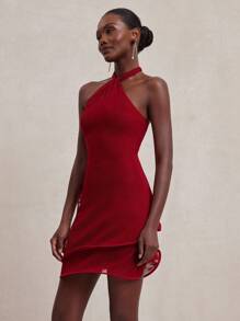 NYA SZN 连衣裙 挂脖领口荷叶边细节 特殊场合 早午餐 毕业典礼 婚礼 宾客 新娘派对 春夏 迷你弹力针织连衣裙 女士 - 紅色 - 查看 6