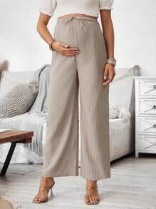 SHEIN Fashionable Loose Maternity Wide Leg Casual Solid Color Pants - Khaki - View 3
