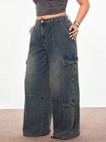 Rina Fox Plus Size Vintage American Streetwear Multi-Pockets Low-Waist Cargo Denim Jeans