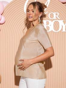 Loomaby 孕妇纯色圆领短袖休闲宽松T恤 - 卡其色 - 查看 6