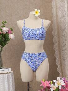 SHEIN Swim 女士花卉印花细肩带比基尼套装，适合夏季 - 藍色 - 查看 5