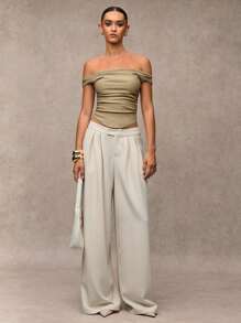 SHEIN BAE Quần ống rộng xếp ly cạp cao màu trơn cho nữ thường ngày - Màu be - Xem 3
