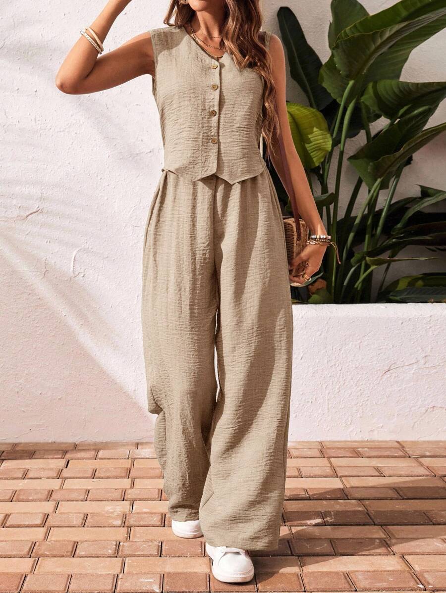 SHEIN Frenchy 2件套女士单扣休闲上衣和裤子套装，夏季 - 香檳色 - 查看 1