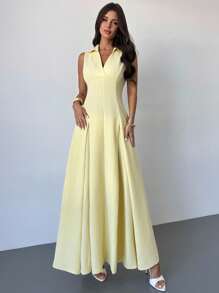 Firerie 女士优雅休闲日常通勤海滩度假 V 领收腰 A 字形伞裙，黄色无袖连衣裙 - 黃色 - 查看 3