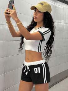 StreetHx Pantalones cortos de verano de ajuste ceñido con impresión de dígitos en azul marino, contraste de cintura y adorno de cintas laterales, para uso urbano