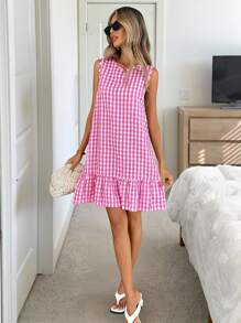 Easowa Women's Summer Bohemian Style Bicolor Gingham Round Neck Sleeveless A-Line Holiday Dress, Vacation Dress, Essential Sundress For Outdoor & Everyday Wear 4th Of July Women Outfits Teacher Outfits Boho Women Clothing Gingham Dress Picnic Dress Preppy Dress Pink Gingham Dress Summer Dress Pink Summer Dress Casual Summer Dress Back To School