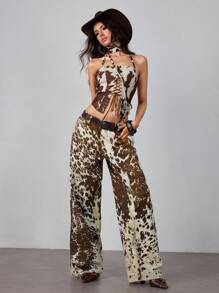 ROMWE Hippie Women's Sexy Fashionable Cow Pattern Keyhole Tie Front Halter Neck Top