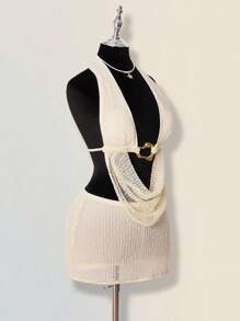 SHEIN ICON Set de 2 piezas de top corto halter sin espalda y minifalda de talle bajo para mujer - Blanco - Ver 9