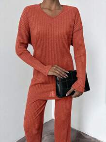 EURMUSE 2pcs/Set Women Casual Solid Long Sleeve Top And Pants Set - Redwood - View 3
