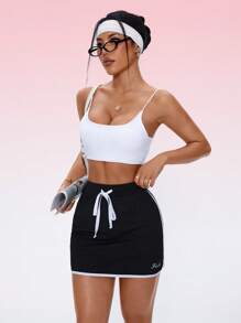 Gameset SHEIN Sport 女式网球/户外健身花卉印花运动裙，带手机口袋 - 黑與白 - 查看 2