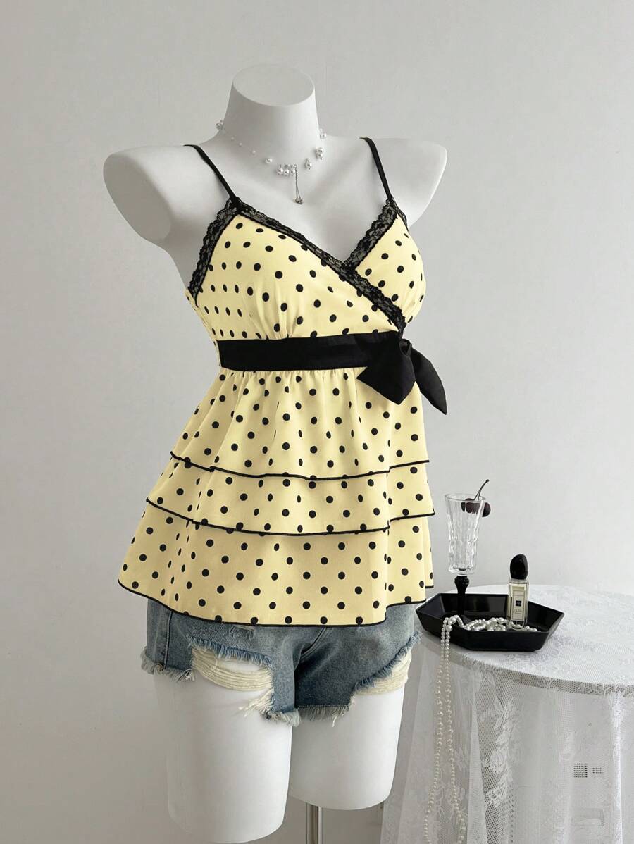 SHEIN Unity 可爱甜美波尔卡圆点撞色蕾丝修身多层荷叶边吊带背心，夏季 - 黃色 - 查看 1