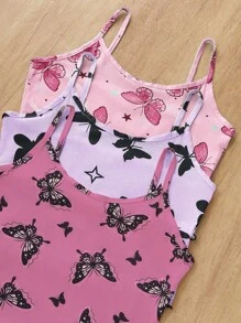 SHEIN 3pcs Set Young Women Casual Butterfly Print Camisole Shorts Pajama Set, Multi-Color Butterfly Pajama Set Two Piece Sleepwear Set Summer Pajama Set Lingerie Sleep Set Bow Pajama Set