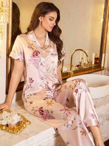 LuxeNights Conjunto de lencería elegante de mujer con estampado floral de seda sintética, con chaqueta con solapa y manga corta - Multicolor - Ver 4