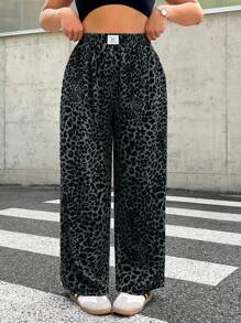 SHEIN EZwear 大码女式豹纹梭织面料休闲日常通勤时尚高腰阔腿宽松裤带口袋 - 灰色 - 查看 3