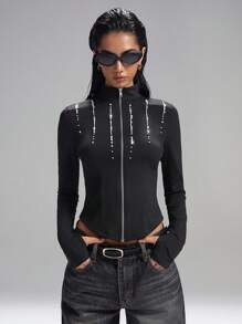 LYSMO Women's Solid Color Faux Pearl Decoration Long Sleeve Zipper Front Slim Fit Lightweight Jacket