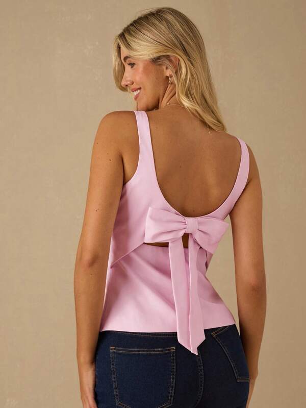 Enchnt Summer/Fall Romantic Women's Pink Square Neck Backless Tank Top With Back Cute Bowknot Design,Sweet&Elegant&Fashionable For Vacation&Date&Holiday&Birthday&Party&Graduation&Wedding Guest&Office&Going Out,Back To School,Summer Tops For Women,Summer Clothes Pink Bow Top