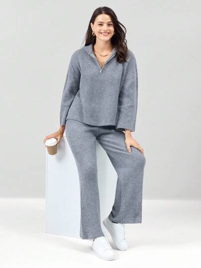 Miaspire 女士纯色拉链半开襟落肩长袖毛衣和针织裤休闲套装，秋冬