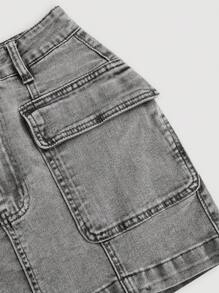 SHEIN MOD 女式夏季休闲街头时尚翻领口袋牛仔工装迷你裙 - 灰色 - 查看 4