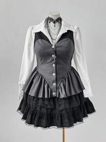 Flirla Fashion Contrast Color Patchwork Lapel Ruffle Hem Fitted Blazer  Vintage Winter Fall Autumn - Multicolor - View 5