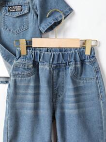 2 件套复古水洗牛仔青年男童休闲街头服饰套装 - 短袖 T 恤和松紧腰卷边短裤