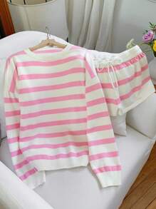 Comfortcana 2pcs Women Striped Sweater Set For Autumn Fall Clothes For Women,Women's Fall Clothes - Pink - View 1