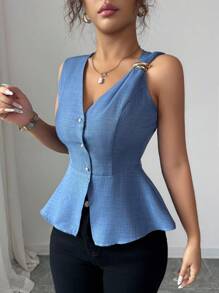 Elenzga New Minimalist Elegant Metal Buckle Design Waist Flattering V-Neck Sleeveless Blouse For Women, Summer