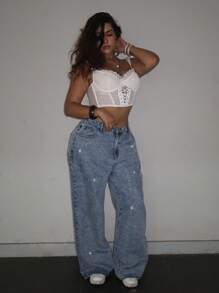 Dripcurv 大码女式宽松阔腿休闲牛仔裤，女式休闲洗水做旧钻石紧身牛仔裤，女式夏季复古休闲返校蓝色牛仔香蕉裤闪亮热钻，商务休闲女装，女式外出牛仔裤，锐舞，女式机场装，街头牛仔裤，复古风女装，飘逸裤，Y2k 女装，俱乐部，女式派对，生日，女牛仔，秋季女装