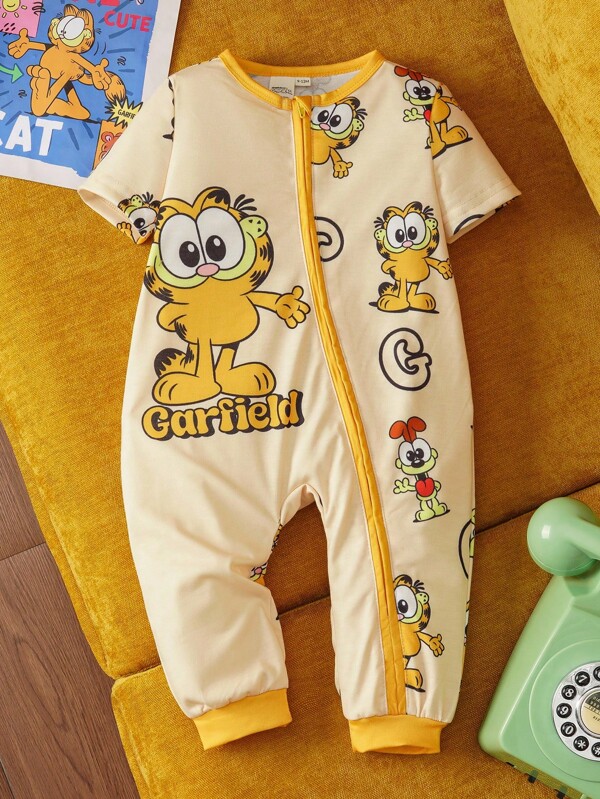 GARFIELD X SHEIN Baby Boy Cartoon Cat Print Cute Yellow Short Sleeve Jumpsuit