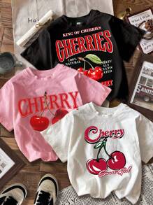 SHEIN EZwear Plus Size 3pcs/Set Cherry Pattern Graphic Tees In Black, White, Pink For Summer  Multiple Pieces Suitable For Going Out - Multicolor - View 2