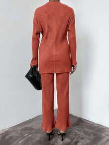 EURMUSE 2pcs/Set Women Casual Solid Long Sleeve Top And Pants Set - Redwood - View 6