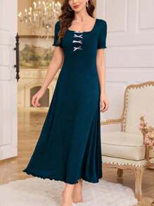 优雅撞色蝴蝶结装饰女士睡衣裙 - 水鴨藍 - 查看 6