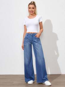 Flexra Women's Casual Loose Patchwork Pocket Wide Leg Denim Pants